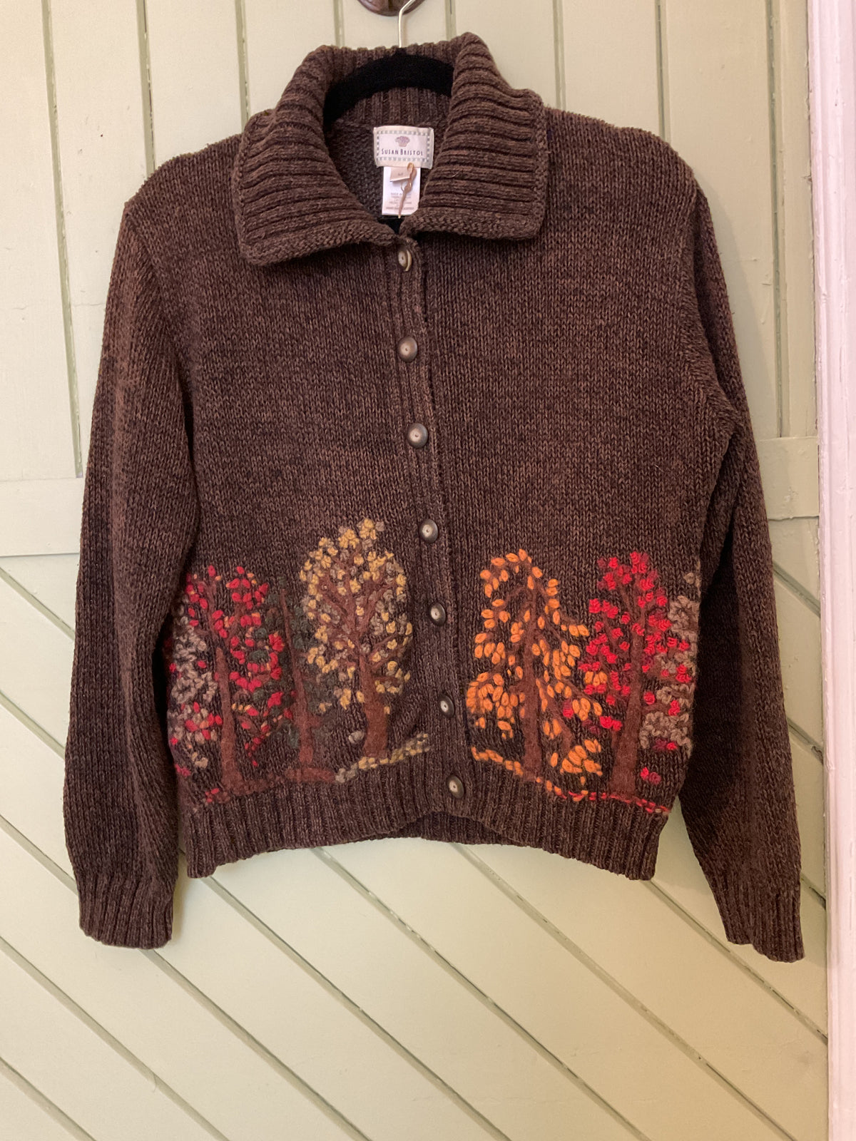 Susan Bristol brown knit cardigan, hand embroidered, size M