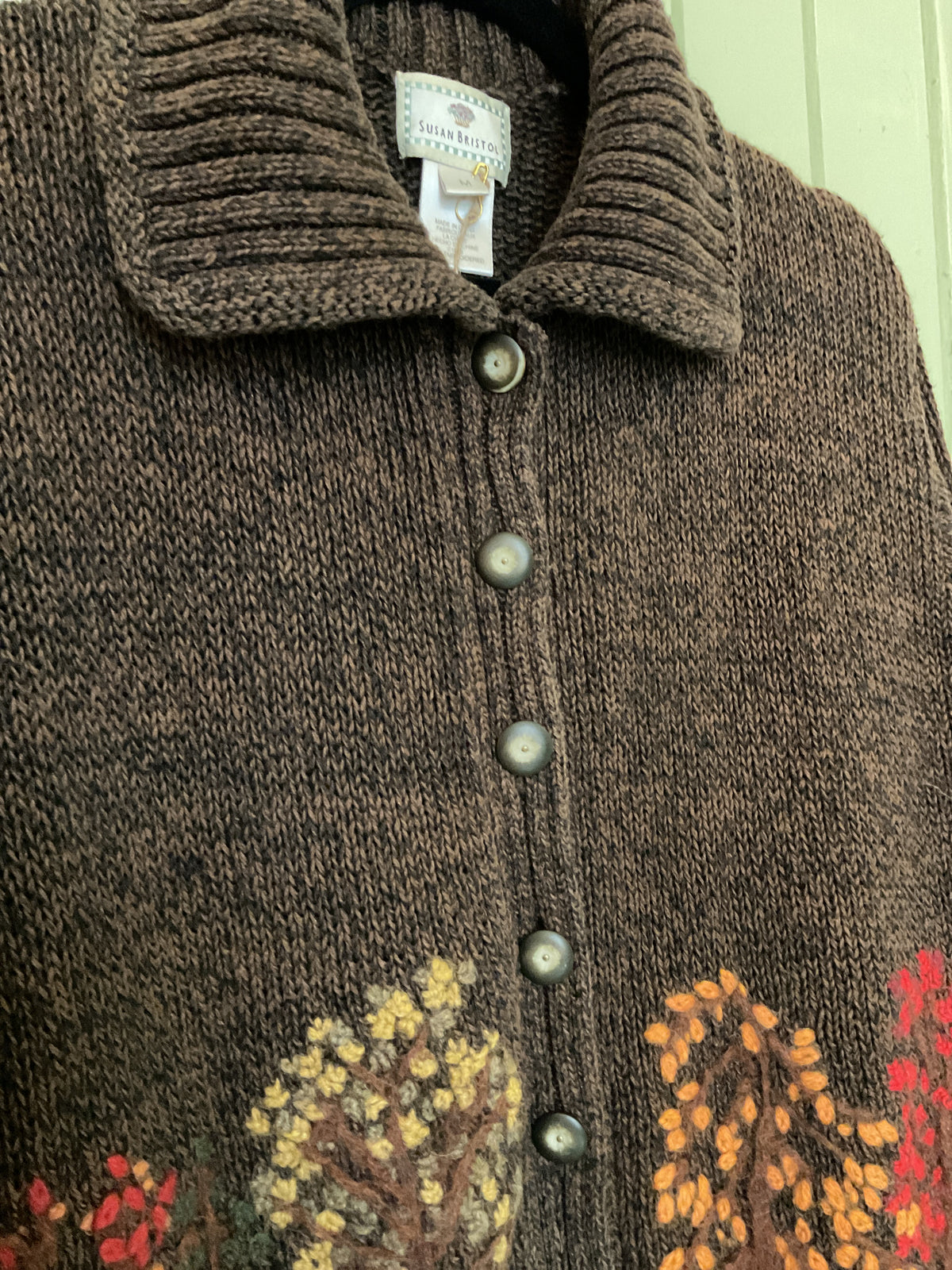 Susan Bristol brown knit cardigan, hand embroidered, size M